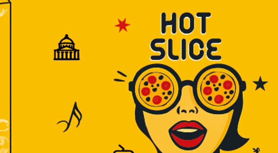 Personaj HOT SLICE ilustrat pe fundal galben, din designul cutiei