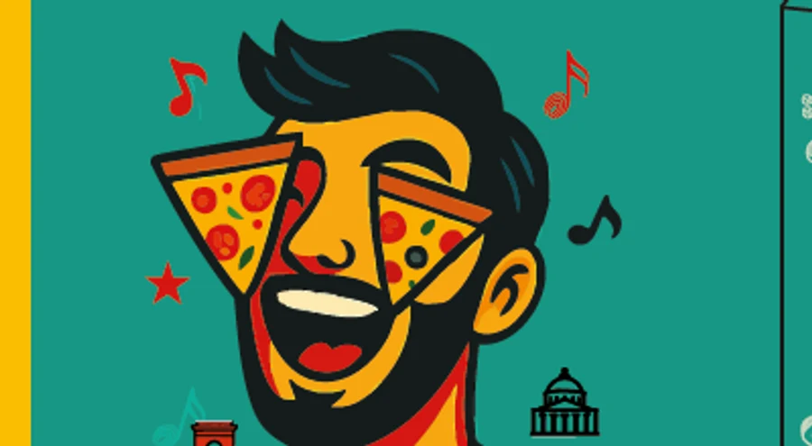 Personaj ilustrat mâncând felie de pizza, din designul cutiei
